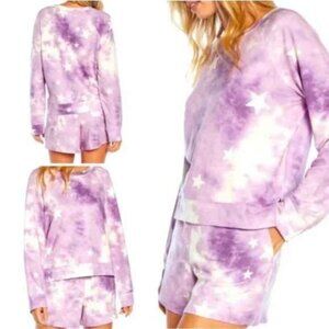 WILDFOX Tie Dye Stars Sweatshirt/Shorts Lounge SET Size XL Purple 2 Piece PJ